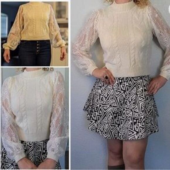 New Long Lace Sleeve Pullover Knit Sweater Top In Beige - Picture 4 of 6